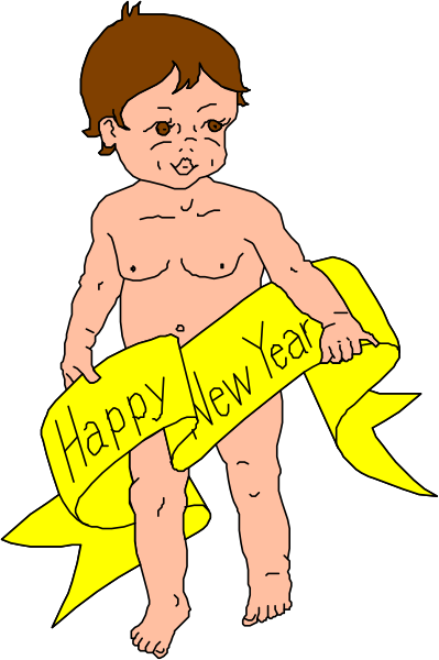 The image shows a cartoon of an infant holding up a sign with "Happy New Year" written on it along with two banners that say 'New Years' in yellow text at either end.