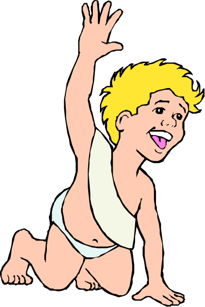 The cartoon shows a young boy with blonde hair waving his hand while sitting on all fours against a black background.
