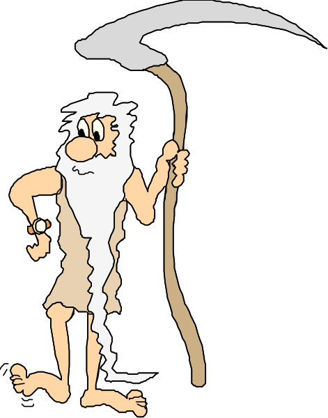 The image shows a cartoon of an old man with white hair holding a large shovel over his shoulder while standing on what appears to be grassy ground.
