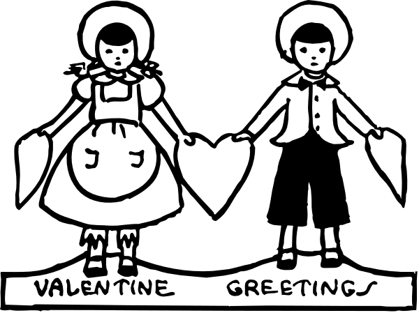 The black and white illustration shows three cartoon children holding hands with a banner that reads "Valentine's Greetings."