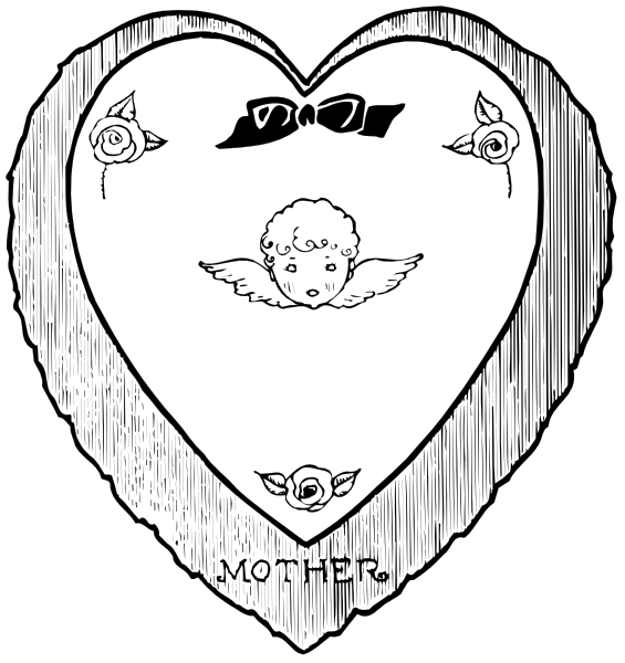 The black and white illustration features a heart shape with an angel inside it on top of which is written "Mother."