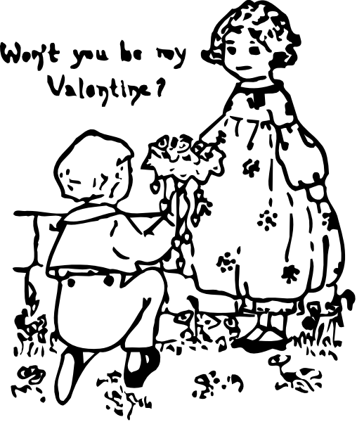 The black and white illustration depicts a man kneeling before an old woman who is sitting on a bench with her hands clasped together in front of herself; she appears to be looking down at him attentively, while he seems focused upward towards something or someone not visible within the frame.