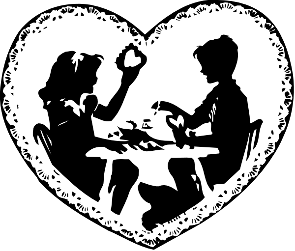 The black and white silhouette of a couple playing cards at a table with hearts around them on either side.