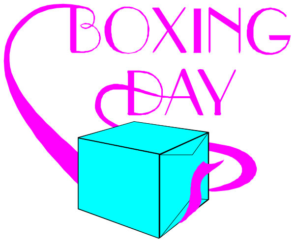 The image shows a graphic with text that reads "BOXING DAY" at top right corner overlaid on an illustration of a gift box in purple hue against black background; below it is another line of text, smaller and less prominent than the first one, reading "BOXING DAY."