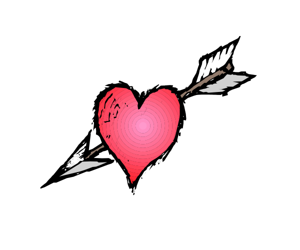 The image shows a black arrow with an archery target at its end piercing through a red heart symbolizing love.
