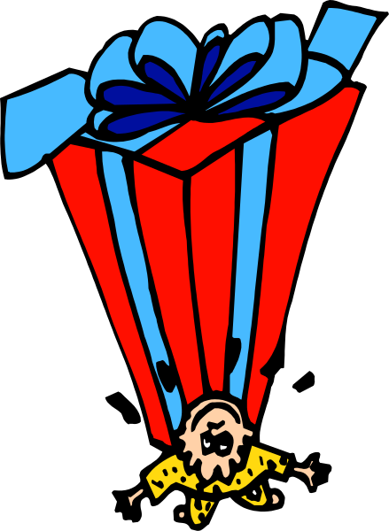 The image shows a cartoon of an elderly person with their eyes closed, seemingly falling from a gift box that has been thrown out into space by someone who is standing on top of it holding another similar present in hand.