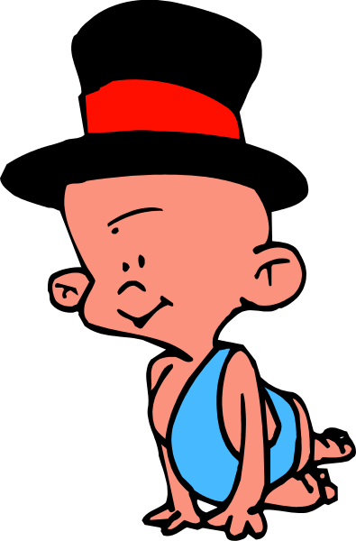 The cartoon shows a character with red hair sitting on his hands while wearing blue shorts; he is smiling at something off-frame in an indoor environment that appears to be darkened except for him.