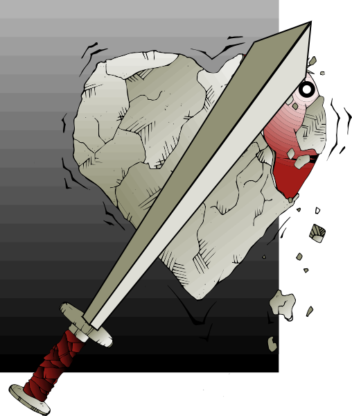 The illustration shows a broken heart with an arrow piercing through it on top of what appears to be shattered glass in black-and-white tones against a gray background.
