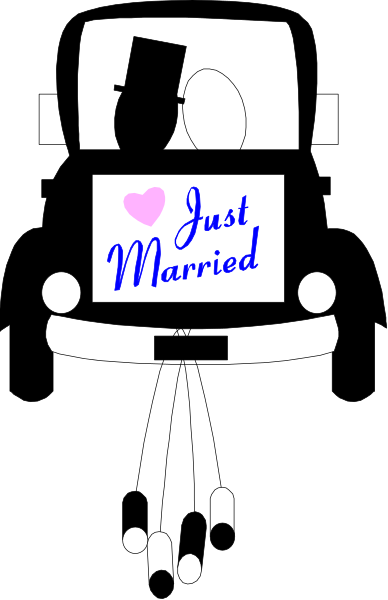 The image shows a black and white photo of an object with text on it that reads "JUST MARRIED" in blue letters atop what appears to be a small caricature-style illustration, possibly representing wedding cake decorations; there is also another smaller sign below the main one reading "LOVE."