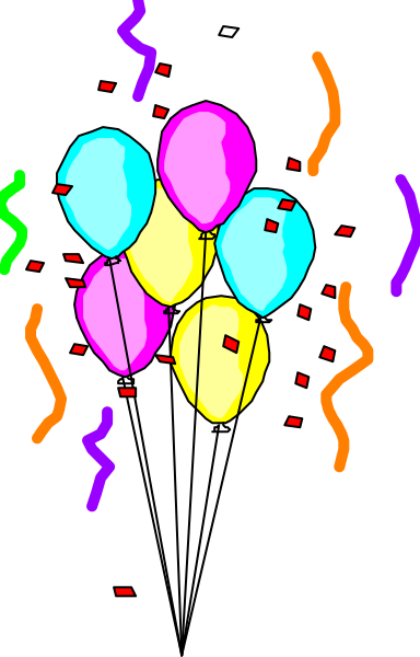 The image shows a colorful cluster of balloons with streamers against a dark background; there is no text present within this small clip-art picture.