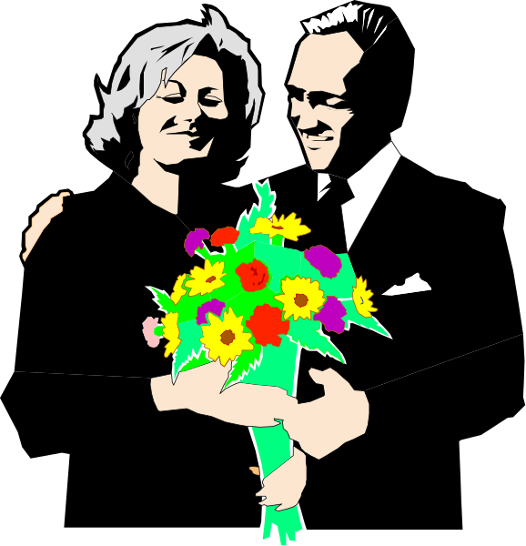 The black and white illustration shows a man holding flowers with his left arm around an older woman who is smiling at him while standing close to each other in what appears to be a celebratory moment.