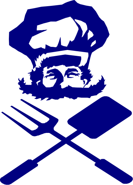 The logo features a blue chef's hat with an illustration of a man wearing it on top right corner; below this is a black silhouette of a person holding two spoons crossed over each other, and to their left stands a large fork pointing upwards.