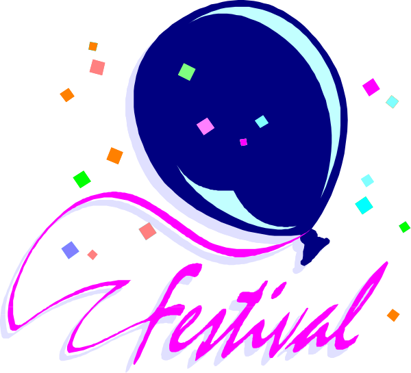 The image shows a colorful graphic with text that reads "FESTIVAL" at the bottom of an illustration featuring confetti around balloons in various shades of blue against a white background; there is also pink and purple icing on top, suggesting celebration or festivity.