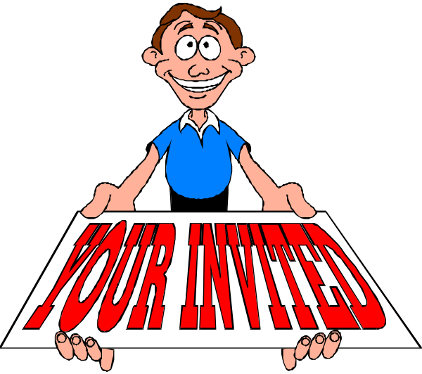 The image shows a cartoon of an adult male character holding up two signs with text: "YOUR INVITED" on one sign in red letters against white background at top right corner; below it, another sign reads "your invited" but is partially obscured by the first sign.