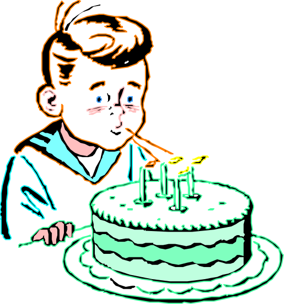 The image shows a cartoon of two scenes: on top, there's an animated boy blowing out candles atop his birthday cake; below that is another scene with him looking surprised as he sees someone eating from it without any visible face.