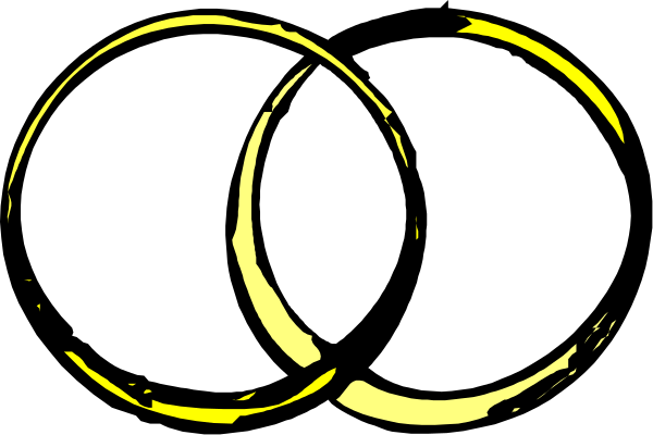 The image shows a black and white illustration of three interconnected rings with two circles on either side forming an abstract design that resembles wedding bands.