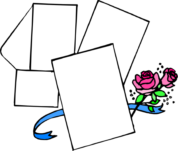 The black and white illustration shows a bouquet of pink roses with green leaves next to four blank cards on what appears to be an envelope background.