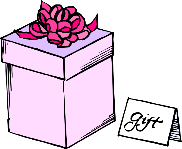 The image shows two gift boxes with a pink bow on top of each box; between them is an open card that says "gift."