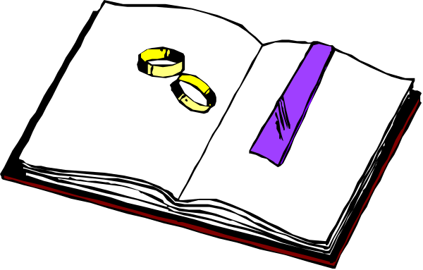 The image shows an open book with a ring on top of it next to another closed book that has two rings beside it.