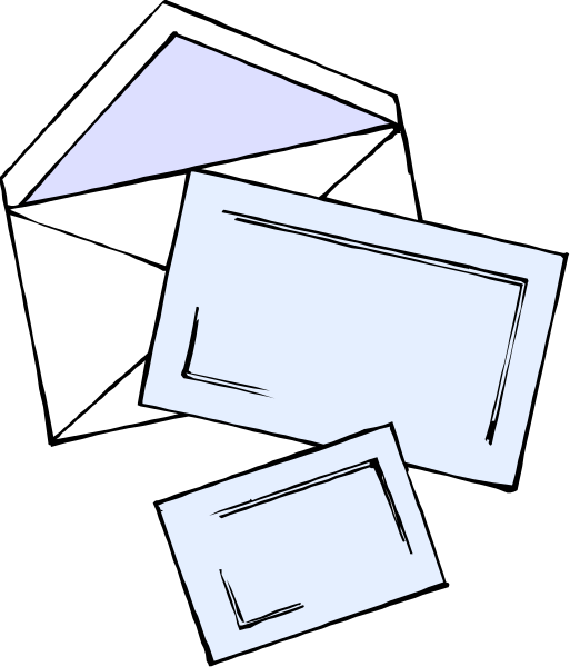 The image shows a collection of three envelopes with different designs on them scattered across what appears to be an envelope-shaped background in black and white tones.