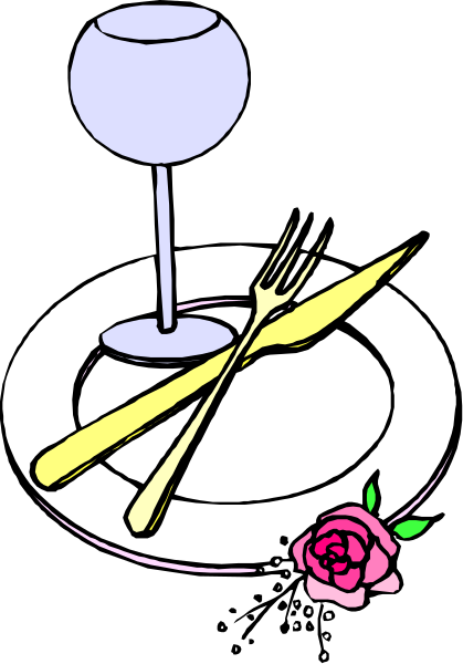 The illustration shows a table with two forks on it next to an empty wine glass, accompanied by cutlery including knives and spoons; there is also one pink rose in front of the plate.