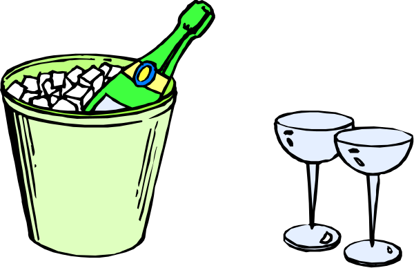 The black and white cartoon shows a bucket of ice with champagne bottles on top next to two wine glasses filled halfway up; there's also an empty cup in front of them containing cocktail umbrellas, suggesting drinks for guests at a party or event.
