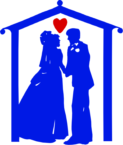 The image shows a blue silhouette of two figures standing under an archway with their arms around each other; above them is a heart symbol in red coloring inside what appears to be a stylized wedding chapel structure, suggesting love and marriage themes.