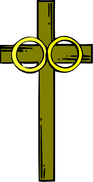 The image shows a cross with two rings on it against a plain background.
