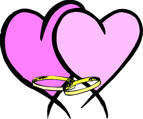 The image shows two pink hearts with rings on them placed side by side against a black background.