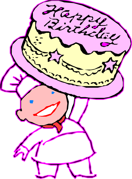 The image features a cartoon chef holding up an oversized birthday cake with "Happy Birthday" written on it in pink icing atop their head. They appear to be standing against a plain background, and there is no other significant detail visible within this small clip-art size of the picture. There are also two smaller images: one shows another chef's hat below the cake with "Chef Hat" written above it, suggesting that these items might belong together as part of an outfit or set; and a second image at bottom right corner depicts what appears to be a small