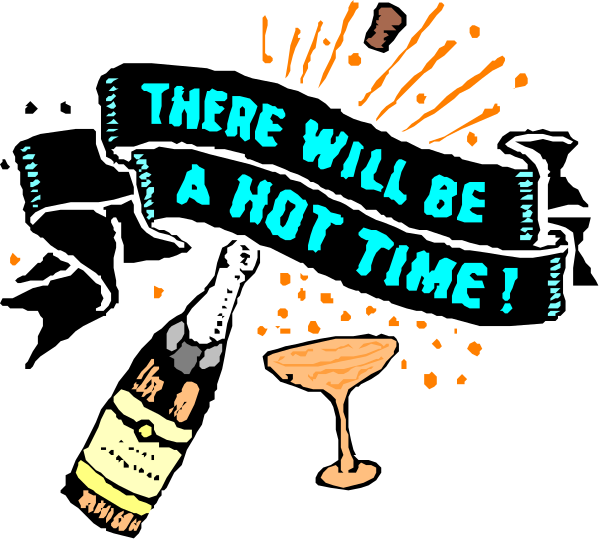 The image shows a cartoon of an open bottle with text that reads "There will be a hot time!" above it, accompanied by confetti-like shapes in various sizes scattered around; to its right is another phrase saying "Will be a HOT TIME!", and below this are two champagne glasses filled halfway.