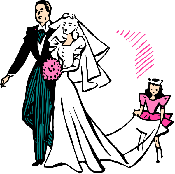 The black and white illustration depicts a bride dressed as Marilyn Monroe walking down an aisle with her groom by her side while two children look on from behind them; all four figures appear to be in motion, suggesting movement towards their wedding ceremony or reception.