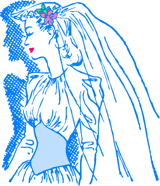 The image shows a black and white illustration of an animated bride with her veil blowing to the side as she looks downward; there is no text present in this clip-art piece.