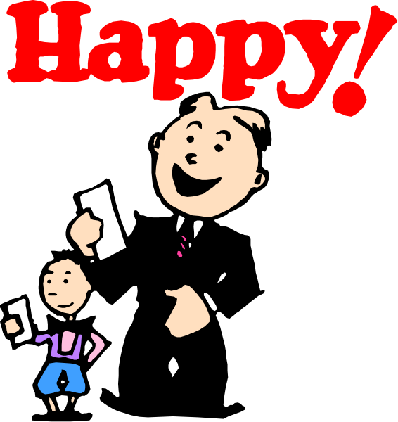 The image shows a cartoon of an animated character holding up two fingers with "Happy!" written on them above it, standing next to another figure that appears to be giving something away while smiling broadly at someone off-frame who is not visible in this clip art piece.