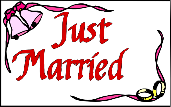 The image shows a banner with text that reads "Just Married" at top, followed by an illustration of two pink ribbons tied together in front of it; below this is another line of red and white script reading "Married."