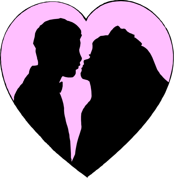 The image shows a black silhouette of two individuals sharing an intimate moment with their heads close together against a pink background that resembles hearts; there is no text present in this clip-art illustration, and it appears to be designed for use as stickers or decorations related to love.