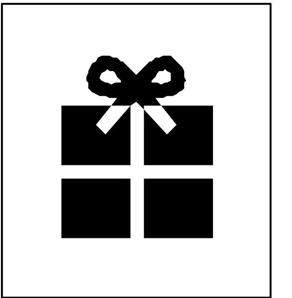 The image shows a black and white icon of an unwrapped gift with a bow on top next to another similar but smaller version without any wrapping paper in front of it.