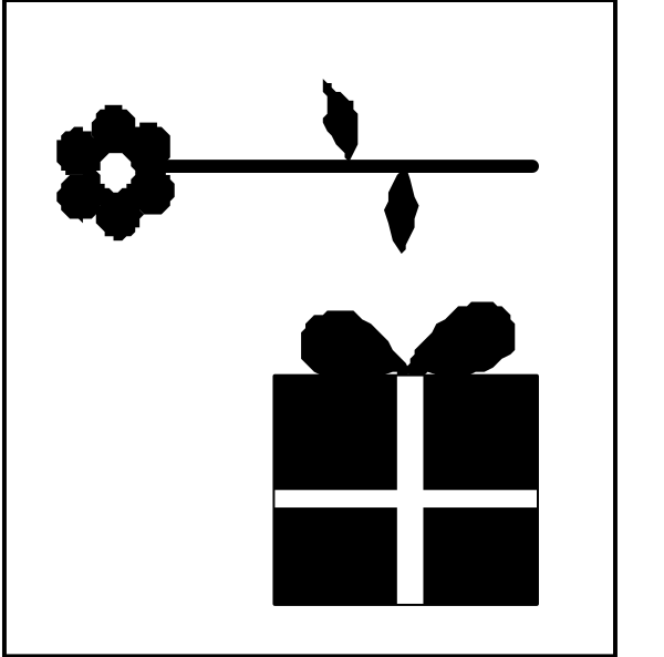 The black and white icon shows a gift box with an arrow pointing to it from above left corner of frame, indicating that something is being given away; there's also another smaller present in lower right side of image.