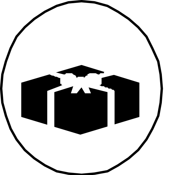 The image shows three black and white iconographic symbols: a gift box with an open top on its side; two overlapping circles forming what appears to be a heart shape above it; and another circle containing a wrapped present below, all set against a dark background.