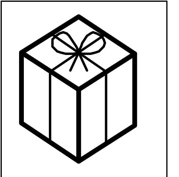 The image shows a black line drawing of an open gift box with a ribbon on top against a white background.