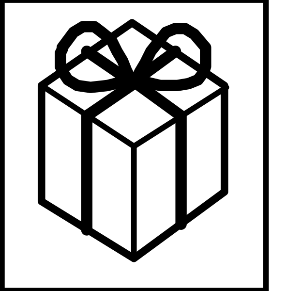 The image shows two distinct graphics: on top left, a black gift box with white ribbon; bottom right, an icon of a wrapped present in front of which is a red bow symbolizing giving or receiving gifts
