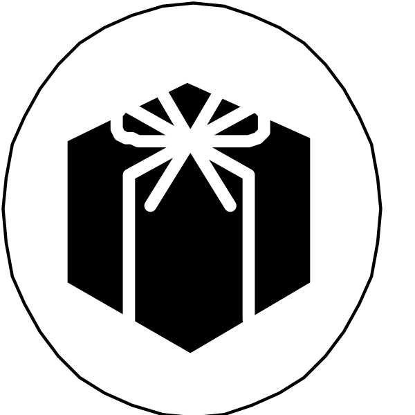 The image shows a black gift icon with white ribbon on top of it next to two icons that resemble presents wrapped in paper; one is larger than the other. There's also an additional smaller present-like symbol at bottom right, and above these three symbols there are four circular shapes: from left to right - what appears to be a gift tag with ribbon on top of it next to two icons that resemble presents wrapped in paper; one is larger than the other. There's also an additional smaller present-like symbol at bottom right, and above these three symbols