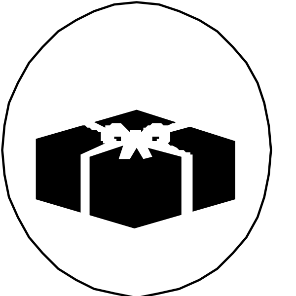 The image shows three black and white iconographic symbols: a gift box with an open top on its side; two overlapping circles forming another circle within them; and a wrapped present inside that inner circle.