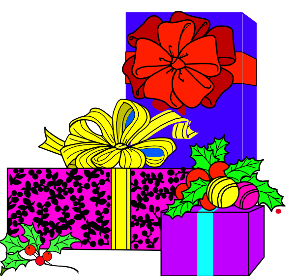 The image shows a colorful Christmas scene with two gift boxes on either side of what appears to be a present-wrapping area in front of them; there's also an arrangement of flowers at bottom center, and above it is a red bow tied around something that looks like a package or box.