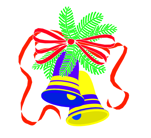 The image shows a Christmas wreath with pine needles on top of it tied to an old bell ringing from its handle, all set against a black background; there is also red ribbon atop the wreath and hanging down in front of it.