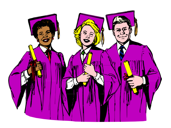The illustration shows three graduates wearing purple gowns with hoods; each is holding a diploma scroll and smiling at an audience that isn't visible in this image.