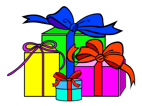 The image shows a colorful gift with two bows on top of it next to three wrapped presents tied together by ribbons in front of them; there is no text present within this small clip-art picture.