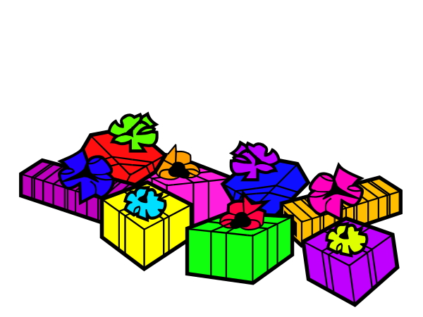 The image shows a colorful assortment of gift boxes with various shapes and sizes scattered across it against a dark background.