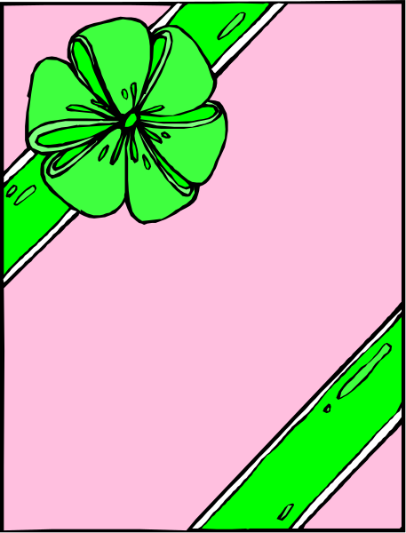 The image shows a pink background with green stripes on either side of an illustration that resembles a clover leaf in white at the top right corner.