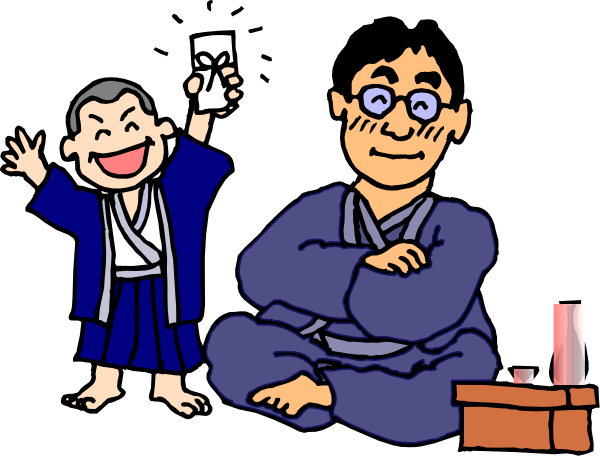 The cartoon depicts two animated characters: a man sitting on his knees with glasses holding up what appears to be an object in front of him; next to this character is another figure standing upright wearing traditional Japanese attire, smiling and waving at someone off-screen who seems excited or surprised by the gesture.